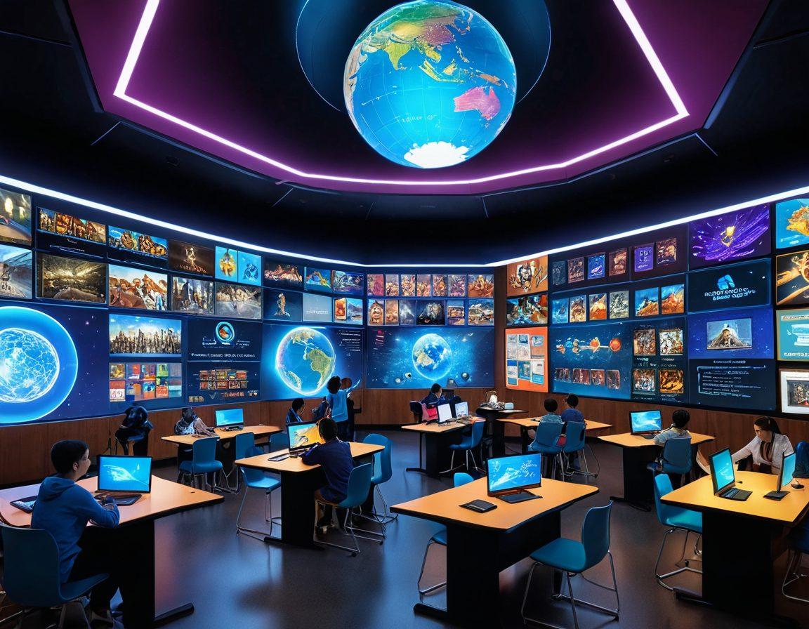 A futuristic classroom filled with diverse learners engaging with holographic digital content, showcasing vibrant displays of virtual books and interactive screens. A globe illustrating global knowledge exchange is in the center, with illuminating connections between countries. Warm, inviting colors create an inspiring atmosphere for learning and collaboration. super-realistic. vibrant colors. 3D.