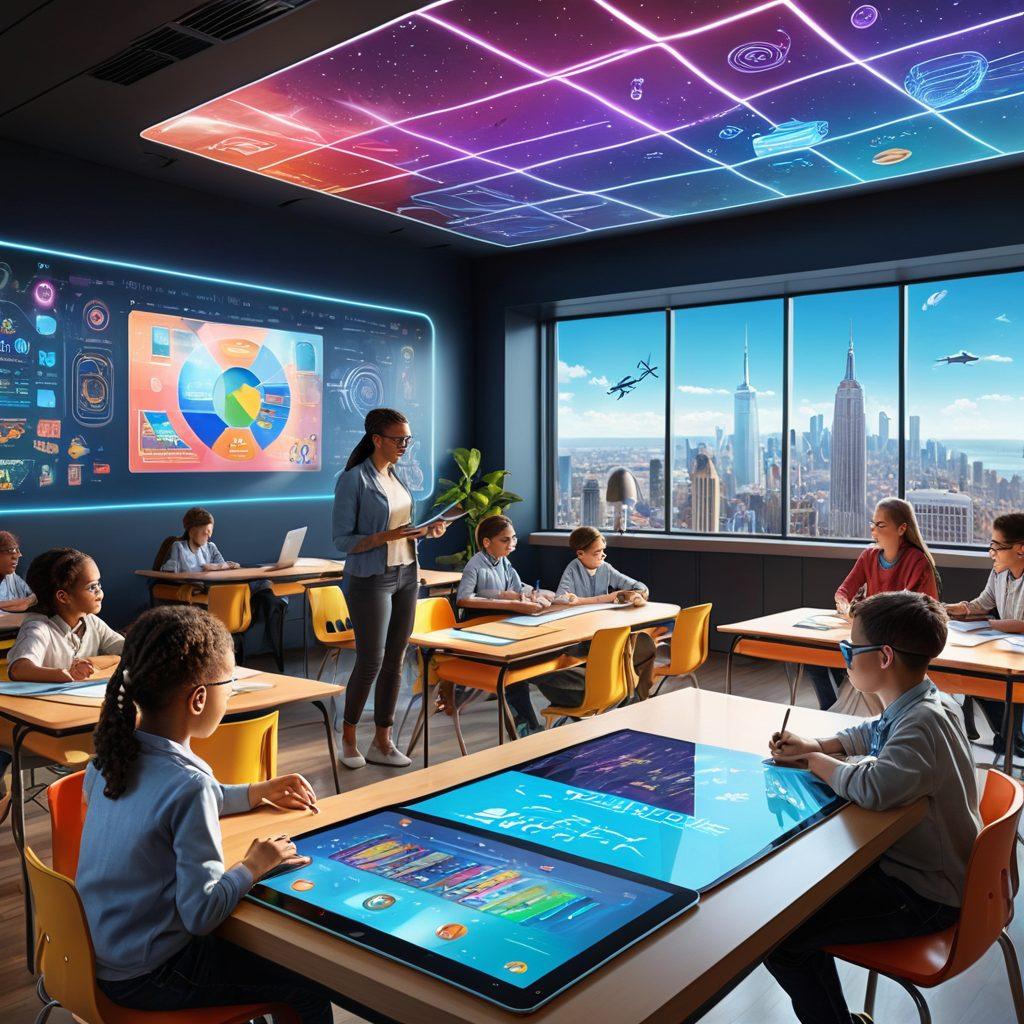 An inspiring futuristic classroom filled with diverse students engaging with advanced digital learning tools like tablets and virtual reality headsets. A holographic teacher guides them, while vibrant educational graphics float in the air. The setting is bright and open, with large windows showing a modern city skyline outside. The atmosphere conveys collaboration, innovation, and excitement for learning. super-realistic. vibrant colors. 3D.