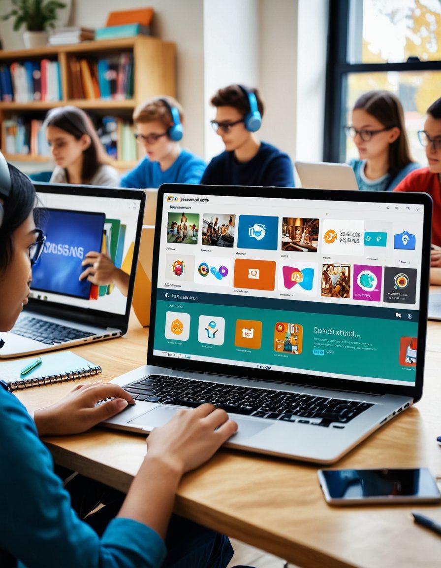 An open laptop surrounded by a variety of innovative e-learning tools like digital tablets, VR headsets, and interactive educational apps displayed on screen. In the background, a diverse group of learners engaging with these resources in a cozy, modern study setting. Bright, inviting colors to convey a sense of exploration and technology. super-realistic. vibrant colors. cozy atmosphere.